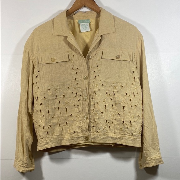 220 Hickory 100% Silk Tan Jacket Cropped with Geometric Embroidery and Cutouts - Picture 1 of 5